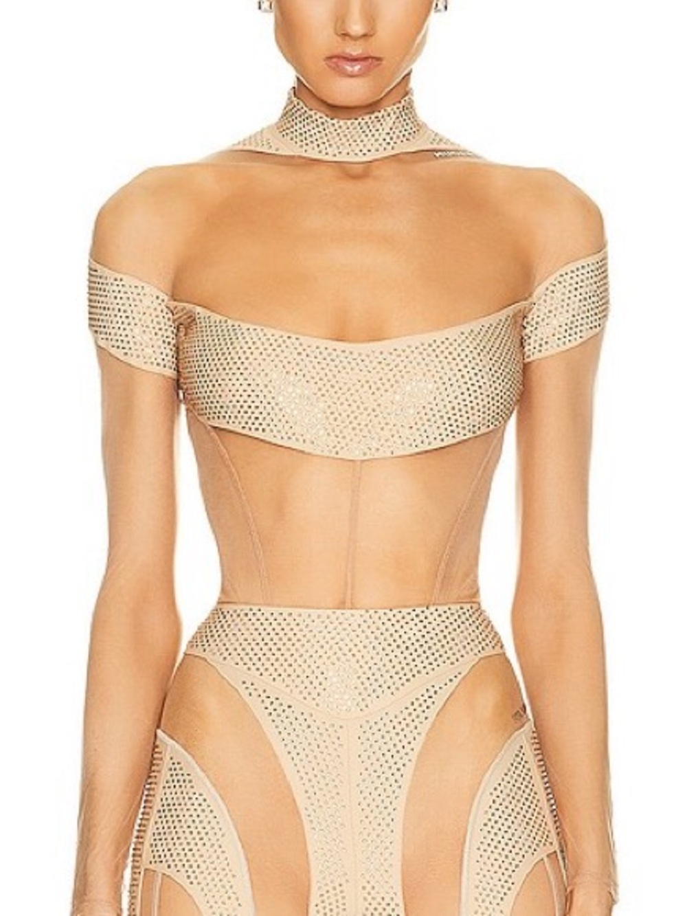 Mugler Nude Mesh Rhinestone-Embellished Long Sleeve Bodysuit